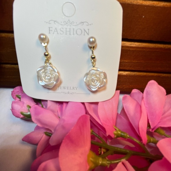 Pierced Drop Earrings. Pearlescent White Rose withI Imitation Pearl. - Picture 9 of 9